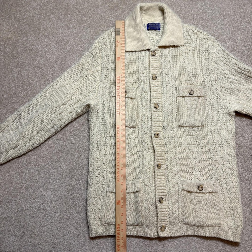 Vtg Pendleton Cardigan Sweater Mens XL Fits L White Wool Aran Cable Knit USA 70s - Picture 5 of 10